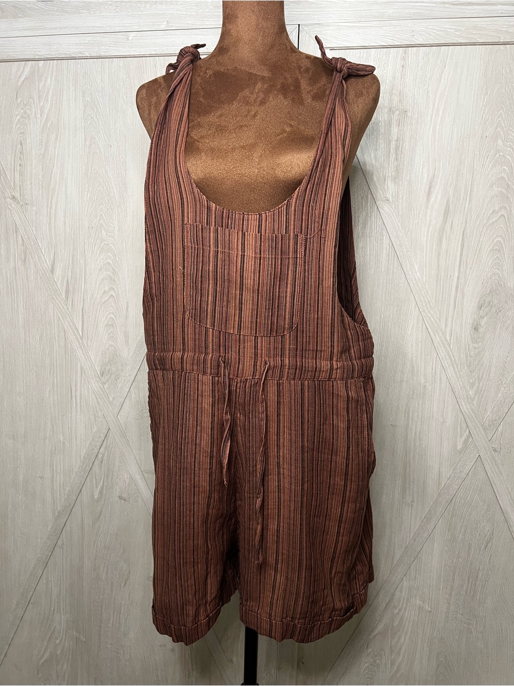 EARTHBOUND Brown Striped Tie-Shoulder Romper NWT size medium made in Nepal